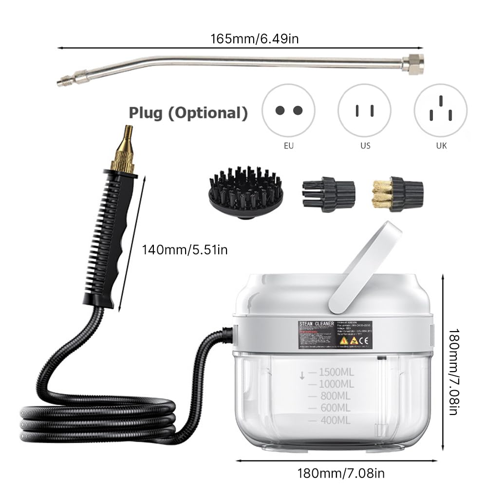 Pressurized Handheld Steam Cleaner with 3 Brushes and Extended Rod