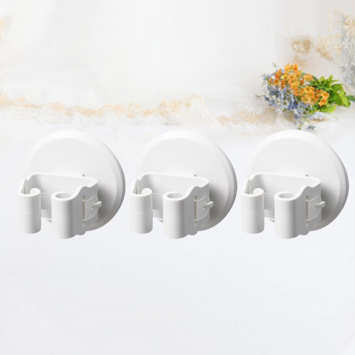 3pcs Wall mounted Mop and Broom Holder Set with White Suction Cup Clamps