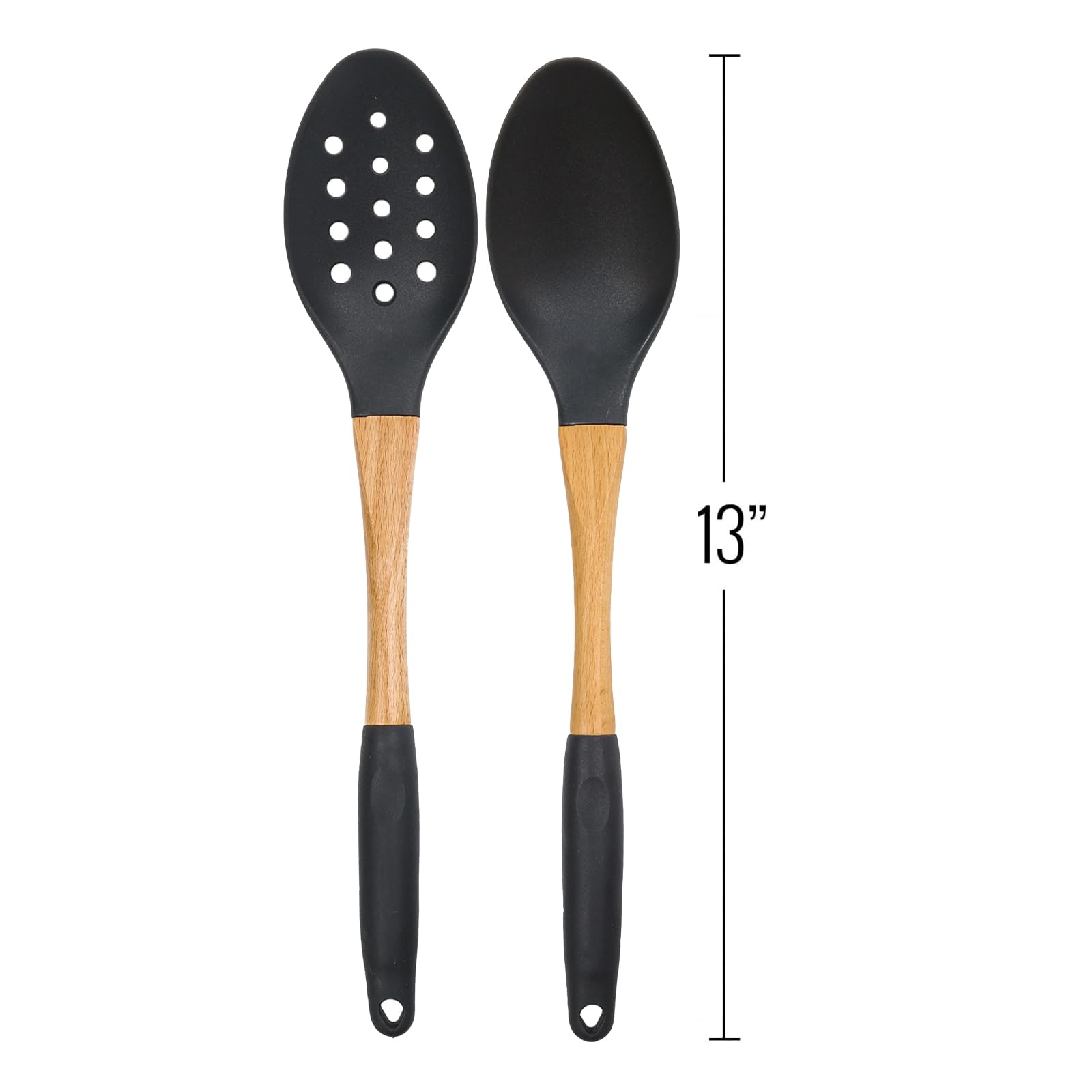2pc Spoons Grey Nylon Kitchen Utensils Set with Soft Grip Ergonomic Wooden Handles High Heat Resistance