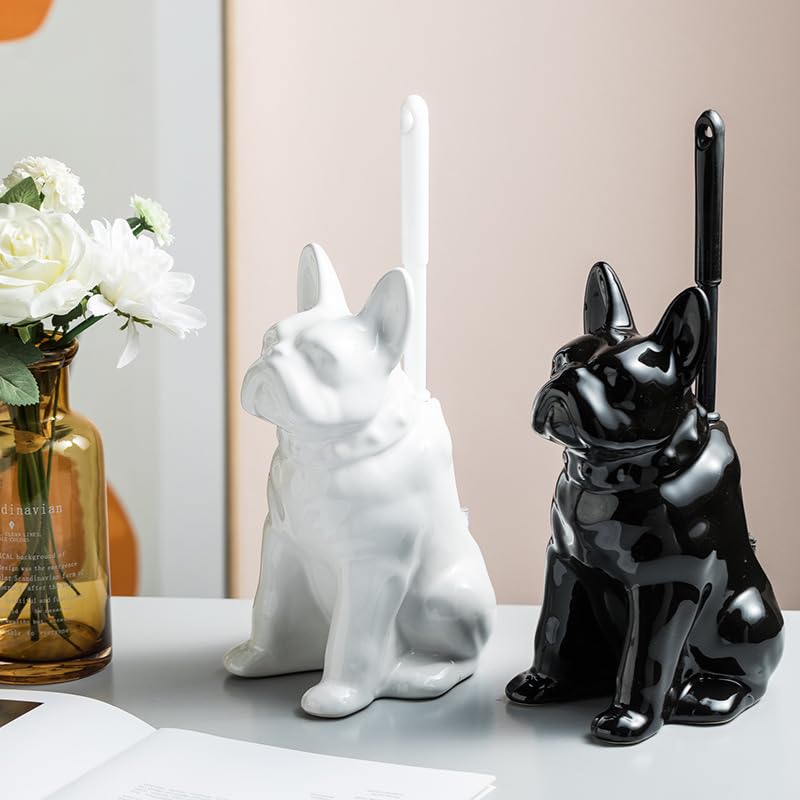 Ceramic Dog Black Toilet Brush and Holder Set with Plastic Handled