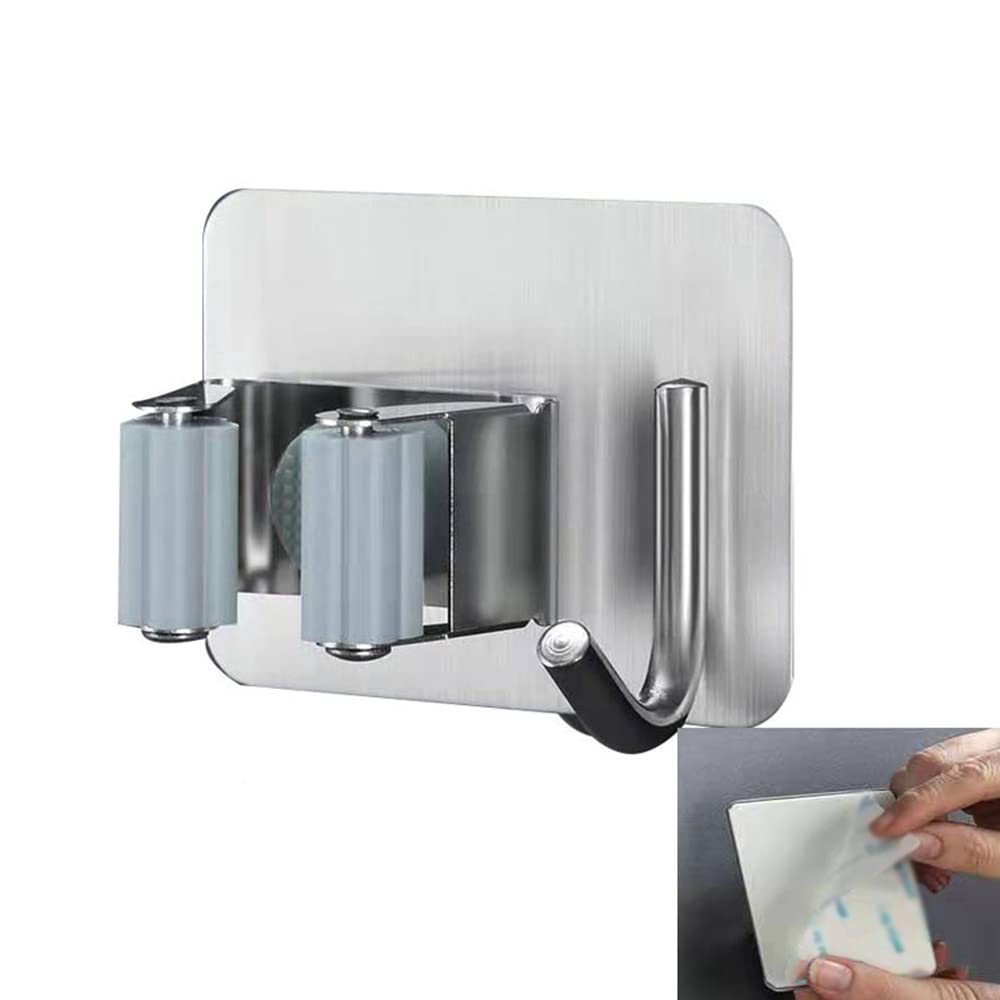 Pack of 4 Stainless Steel Broom Holder No Drill Mop Wall Mount Holder Gripper Rack with Hook Hanger Garden Tool Organizer (4 Count)