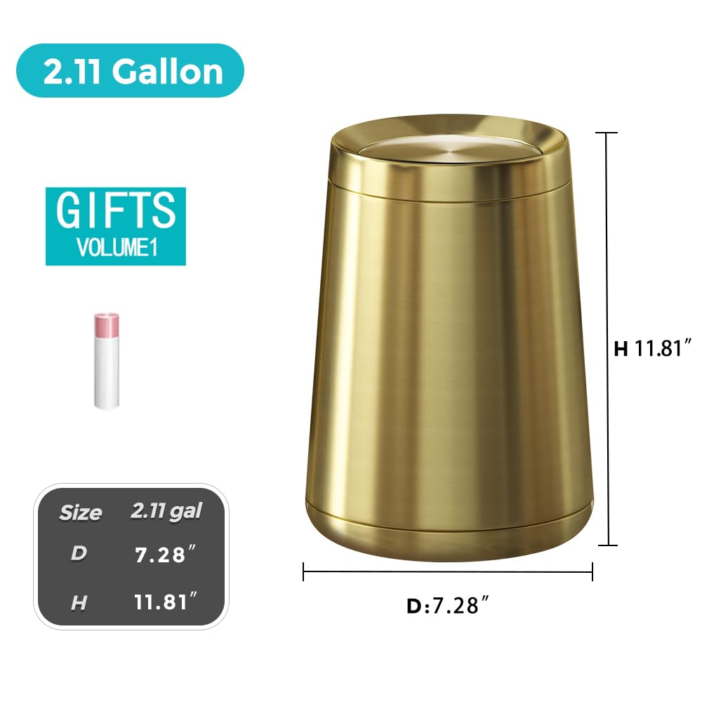 8L 2.1Gal Gold Brushed Stainless Steel Trash Can with Swing Cover