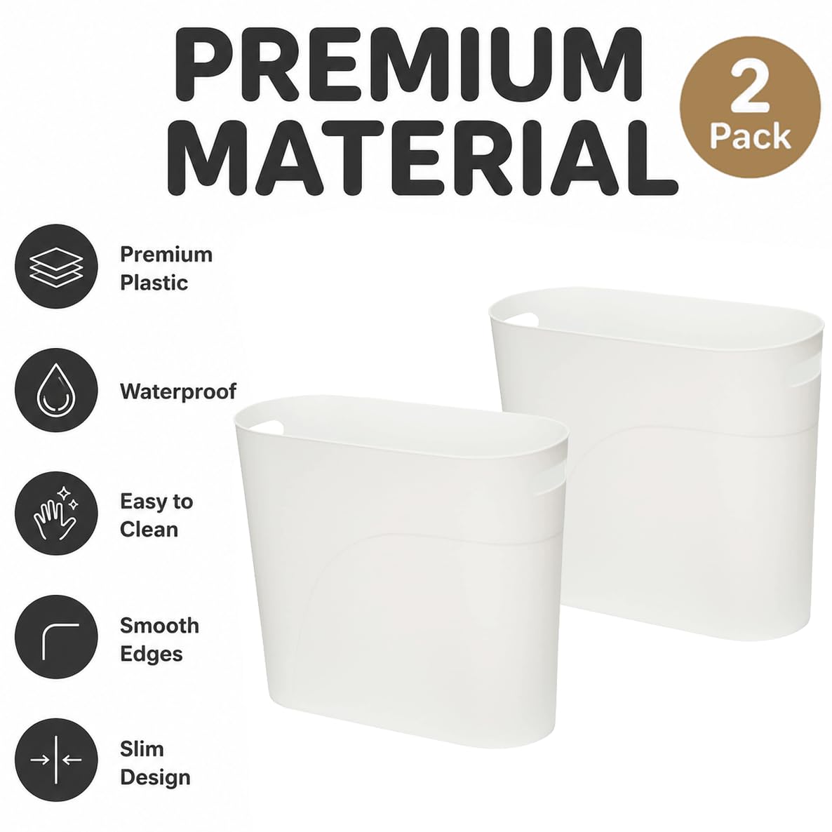 Small Trash Can Plastic Bathroom Wastebasket 3.2 Gallon Slim Garbage Container Bin with Handle for Home Kitchen Bathroom Bedroom Office (2 Count)