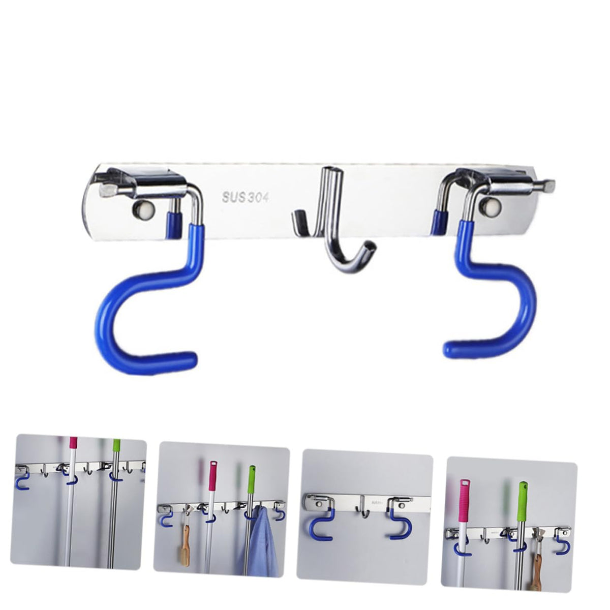 304 Stainless Steel Wall Mounted Mop Holder Heavy Duty Broom Gripper for Kitchen and Garden Adjustable Mop Hanger Easy Installation Space