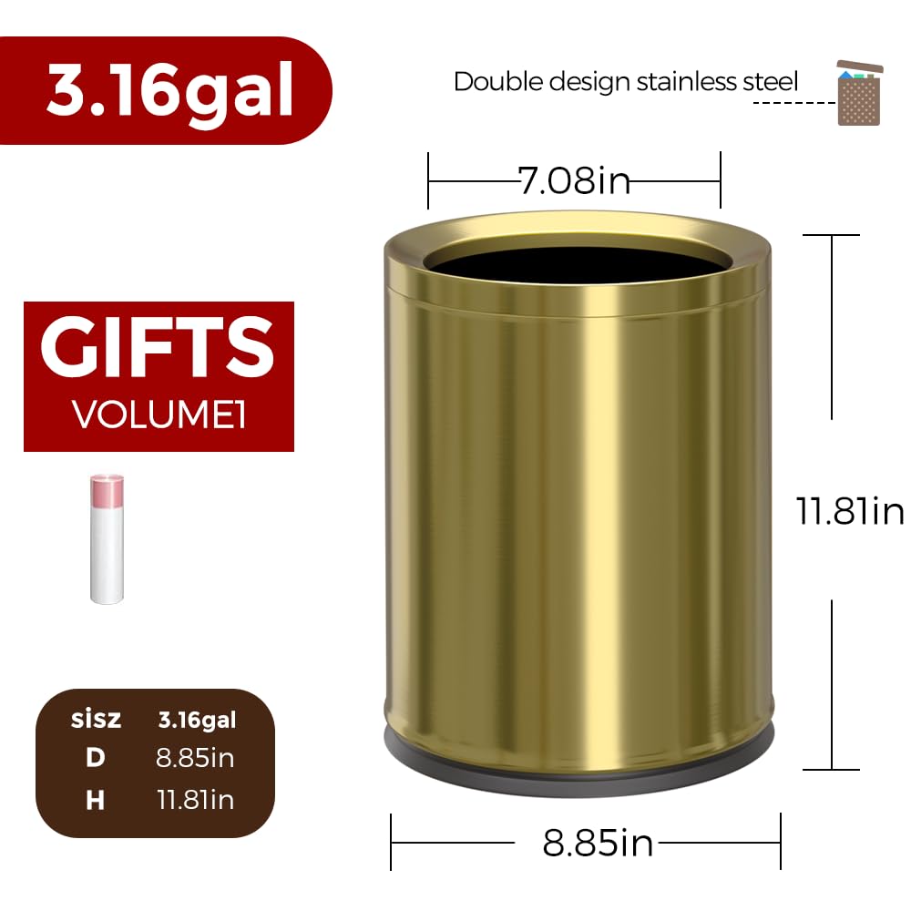 12L 3Gal Antique Brass Bathroom Trash Can