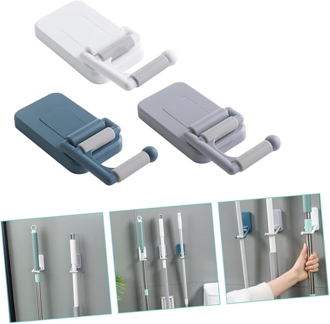 3pcs Microfiber Mop and Broom Holder Wall Mount Adhesive Mop Hanger Space Saving Broom Rack for Floor Cleaner Easy Install for Home