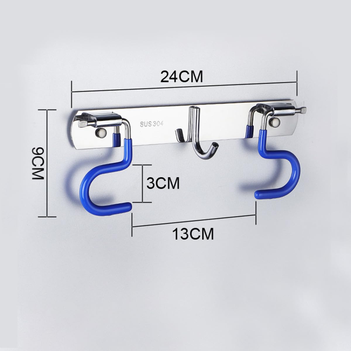 304 Stainless Steel Mop and Broom Holder Wall Mounted Rack with 2 Mop Grippers and 1 Hook