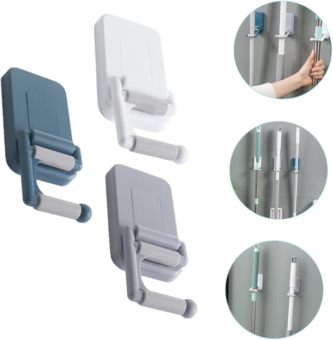 3pcs Microfiber Mop and Broom Holder Wall Mount Adhesive Mop Hanger Space Saving Broom Rack for Floor Cleaner Easy Install for Home