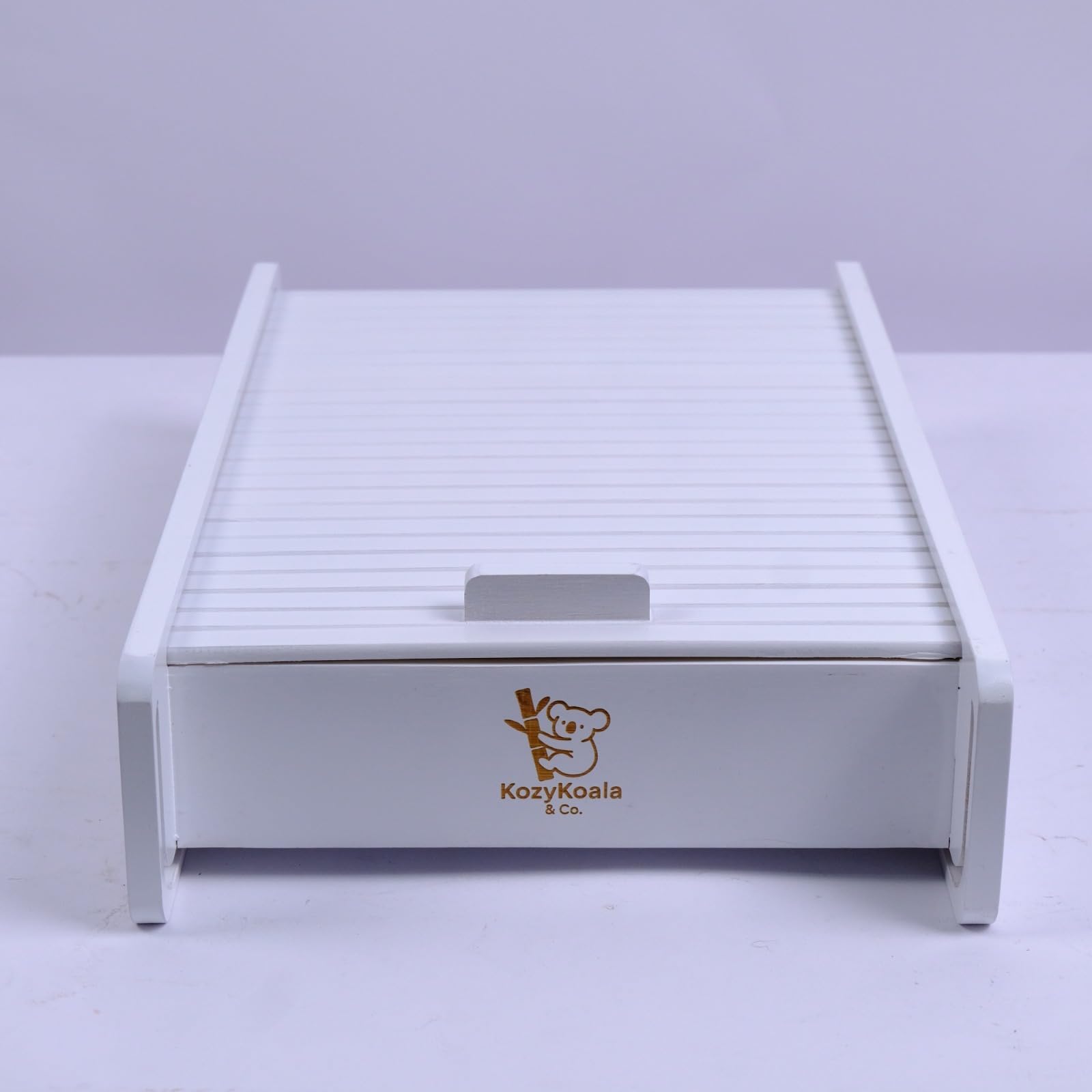 White Bamboo Drawer Organizer with Sliding Lid