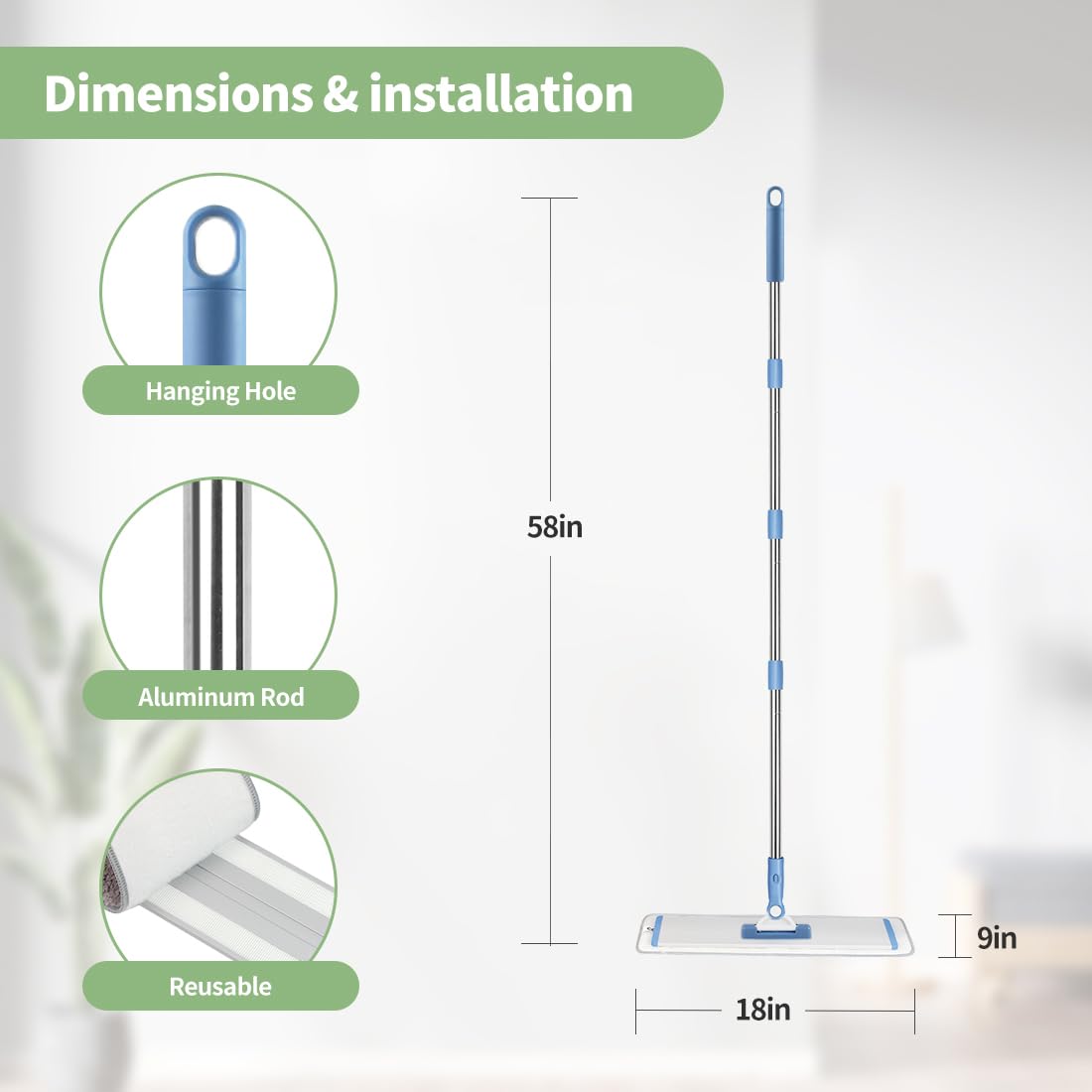 18" Commercial Flat Microfiber Floor Mop Cleaning System with 4 Washable Pads Cleaner for Laminate Tile