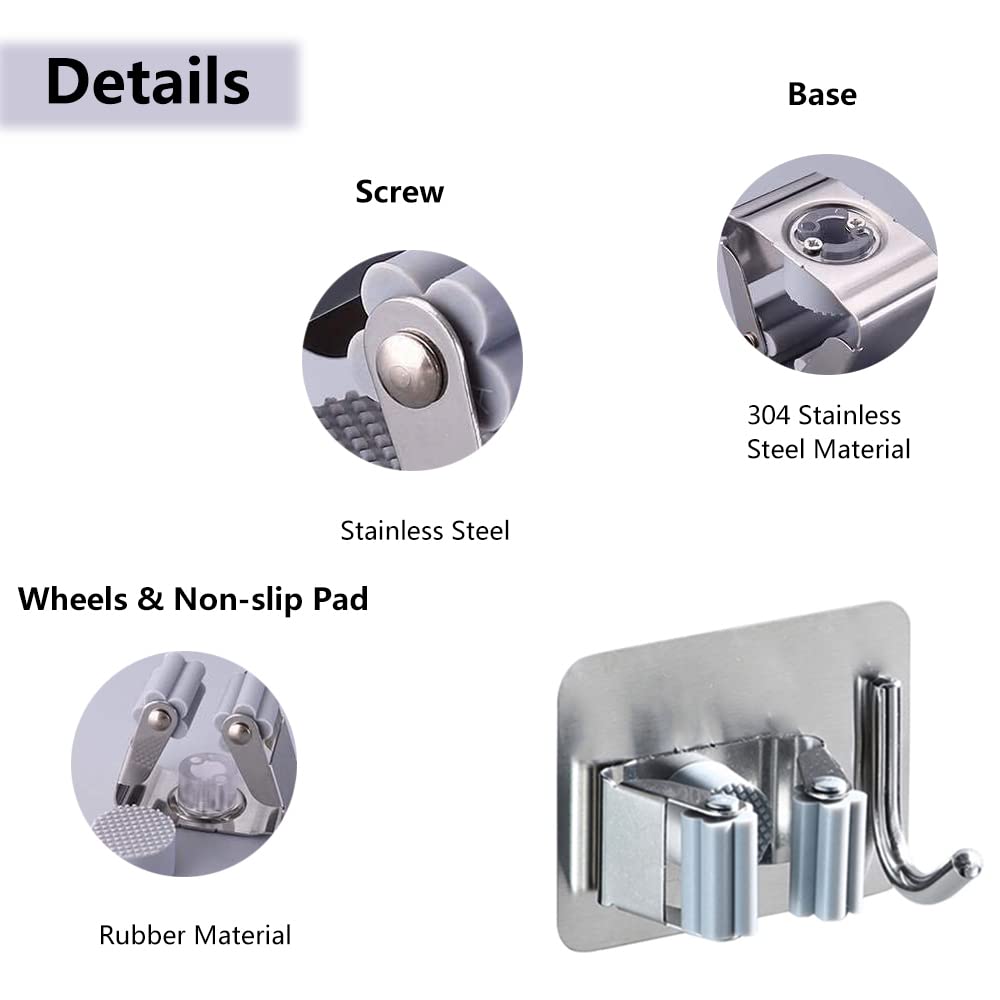 Pack of 8 Stainless Steel Broom Holder No Drill Mop Wall Mount Holder Gripper Rack with Hook Hanger Garden Tool Organizer (4 Count)