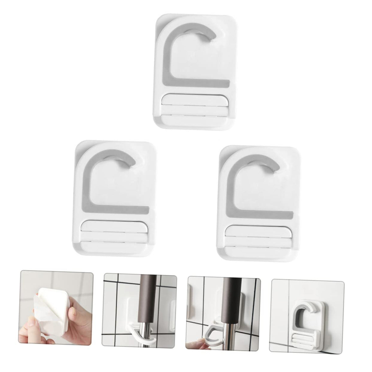 3pcs Punch Wall Mounted Mop Organizer Broom Hooks Space Saving Mop Holder for Home Kitchen Bathroom Adhesive Rack