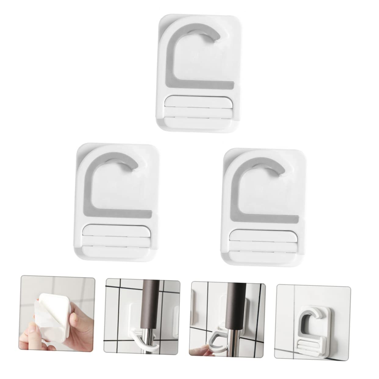 3pcs Punch Wall Mounted Mop Organizer Broom Hooks Space Saving Mop Holder for Home Kitchen Bathroom Adhesive Rack