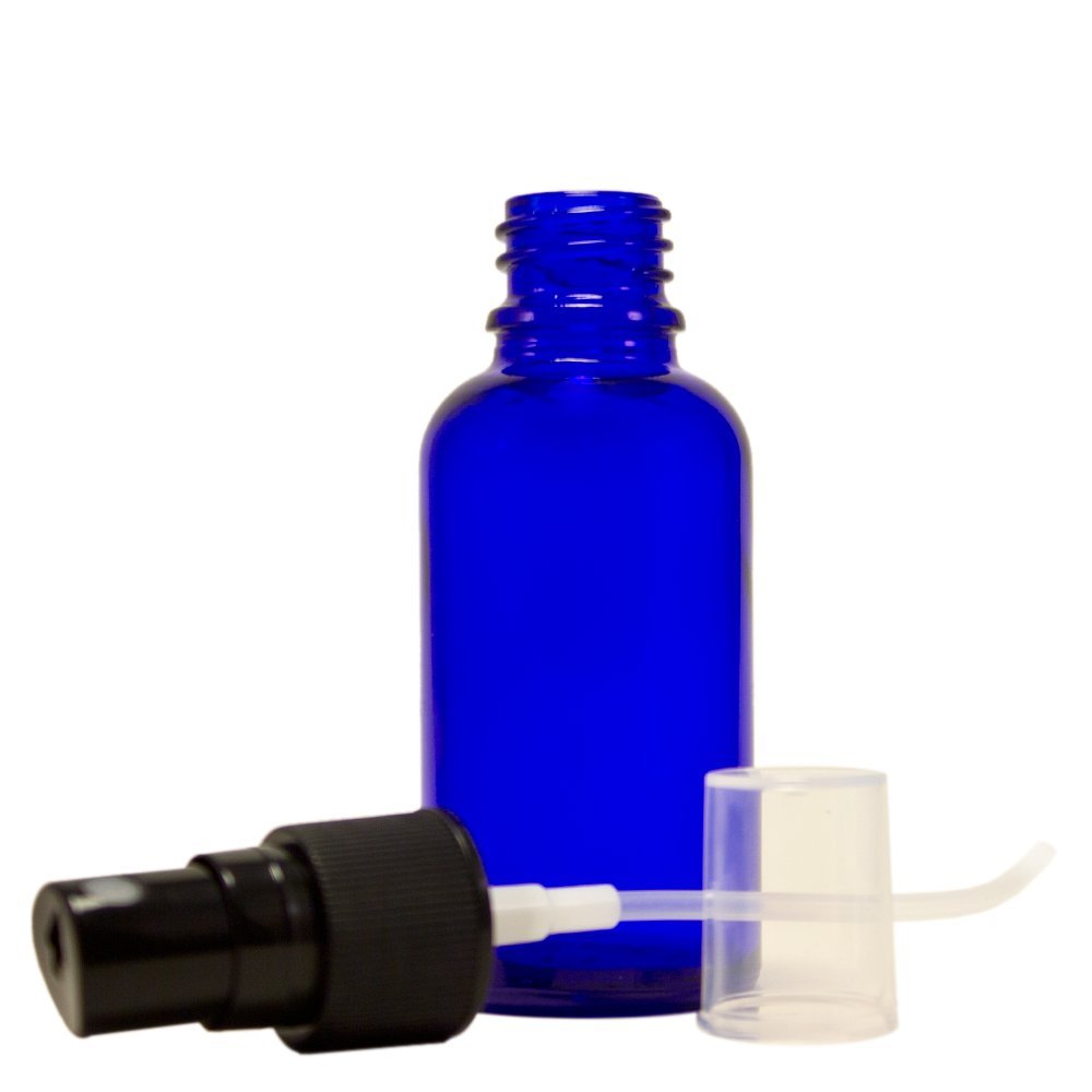 1 oz Cobalt Blue Boston Round Glass Bottle with Black Fine Mist Sprayer 12