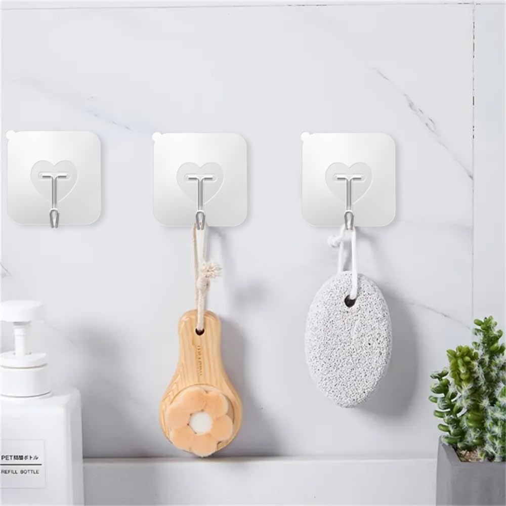 20 Pcs Clear Adhesive Hooks for Hanging 22lb Self Adhesive Wall Hooks Heavy Duty Waterproof Transparent Sticky Hooks for Shower Home Bathroom Kitchen Office (20 Count)