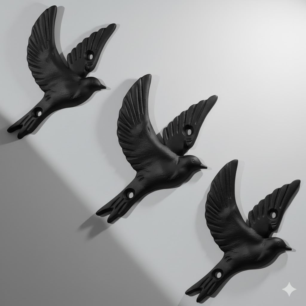 Flying Bird Iron Cast Decorative Bird Wall Mounted Coat Hooks (3 Count)