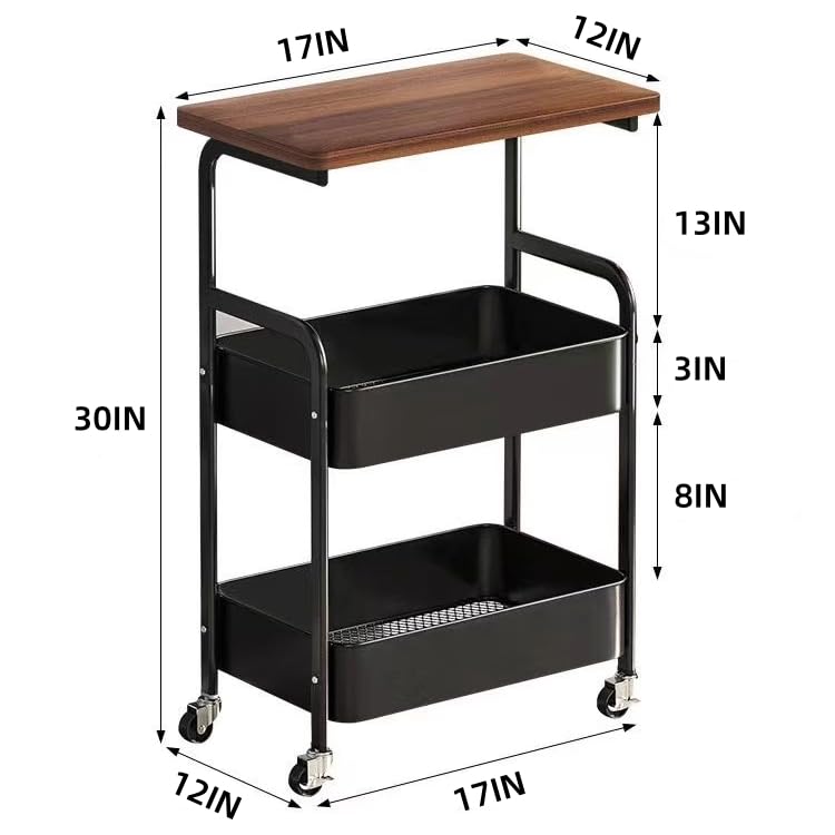 3 Tier Metal Rolling Utility Cart Organizer with Walnut Table Top