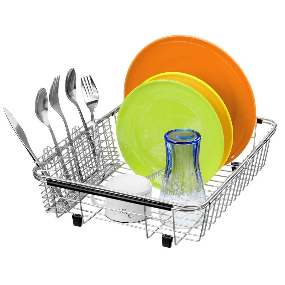Dish Drying Rack with Stainless Steel Utensil Holder Large Dish Rack Drainer Drain Expandable Shelf Dish Rack in Sink or Over Sink or On Counter Rustproof Stainless Steel