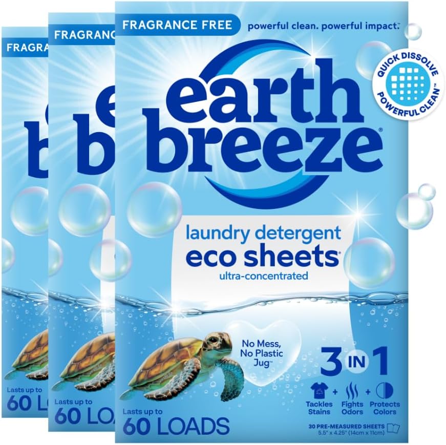 Earth Breeze Laundry Detergent Sheets Fragrance-Free - 180 Loads Eco Liquidless Soap - Travel-Friendly for Hot & Cold Cycles, Tackles Tough Stains & Odors - Gentle on Sensitive Skin, 90 Ct (3 Pack) - ModHome Supplies
