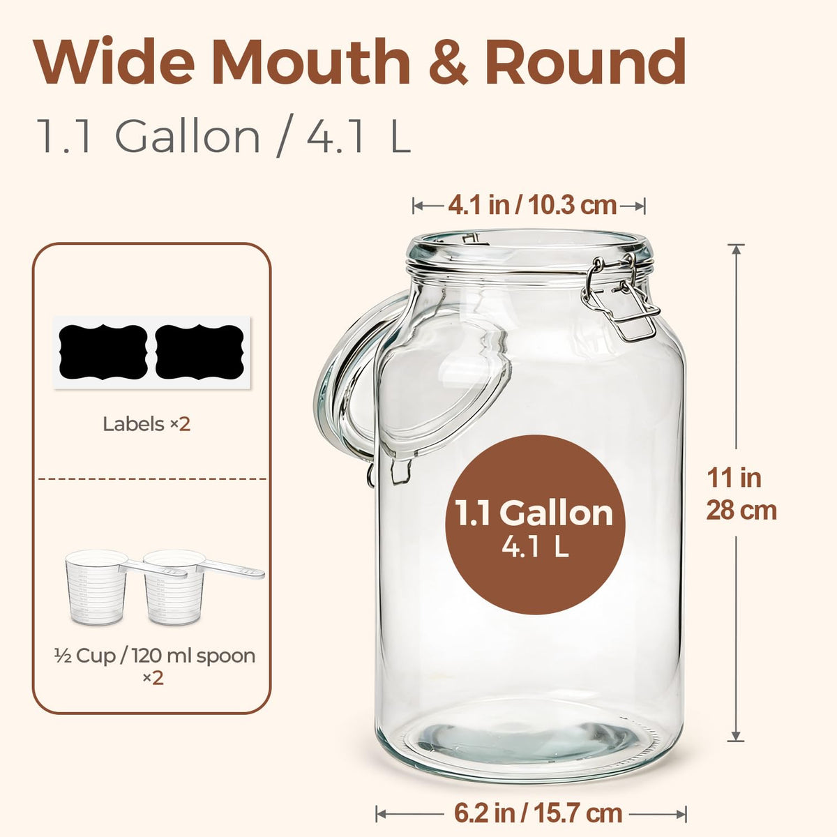 Large Glass Jars with Airtight Lids 1.1 Gallon 2 Pack Wide Mouth (2 Count)