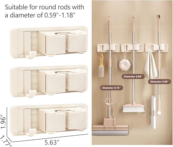 3PCS Mop and Broom Gripper with Hook Wall Mounted Self Adhesive or Drilling Mop Storage Rack for Closet Laundry Bathroom Cleaning Tool Organizer
