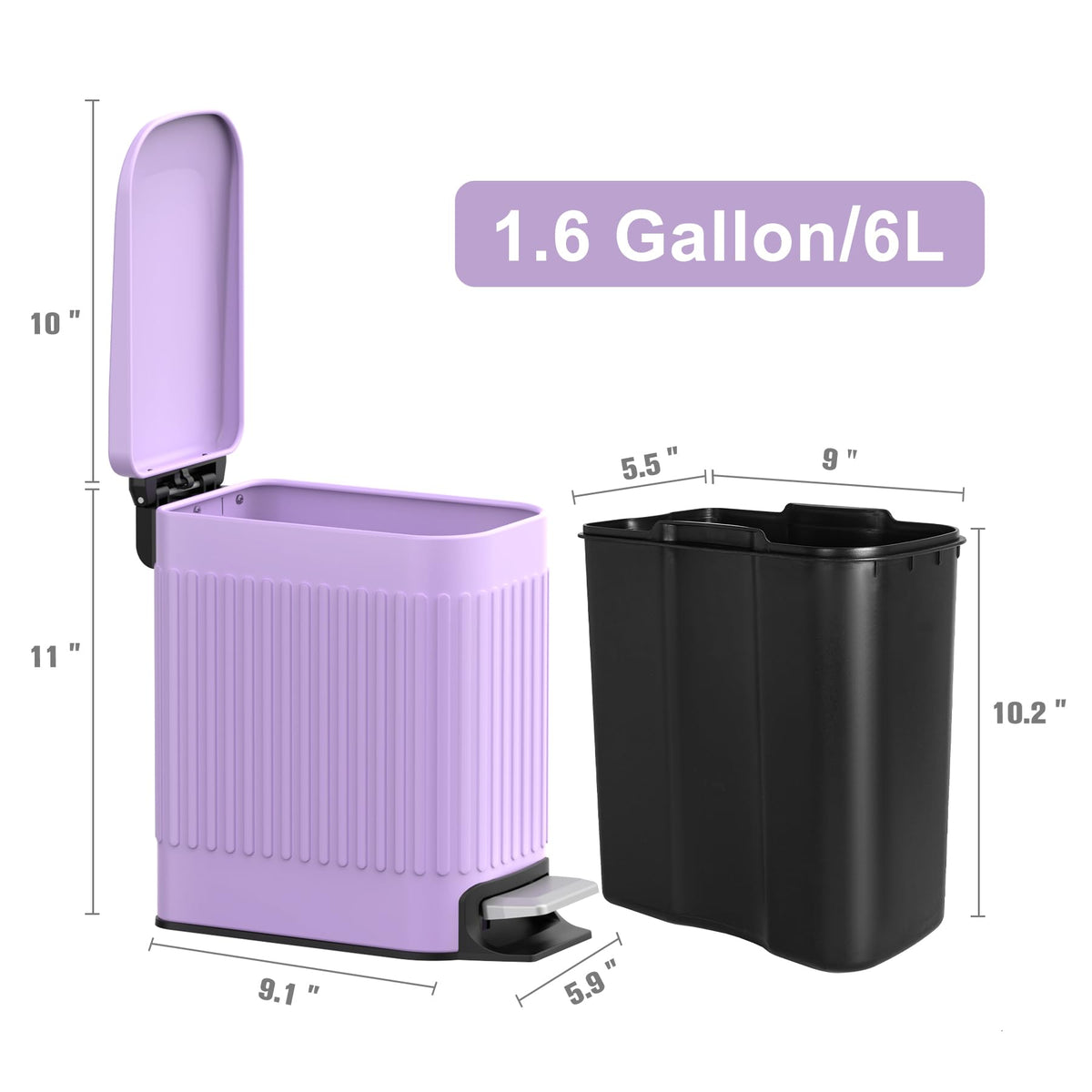 1.6Gal Slim Bathroom Trash Can with Lid Soft Close & Pedal