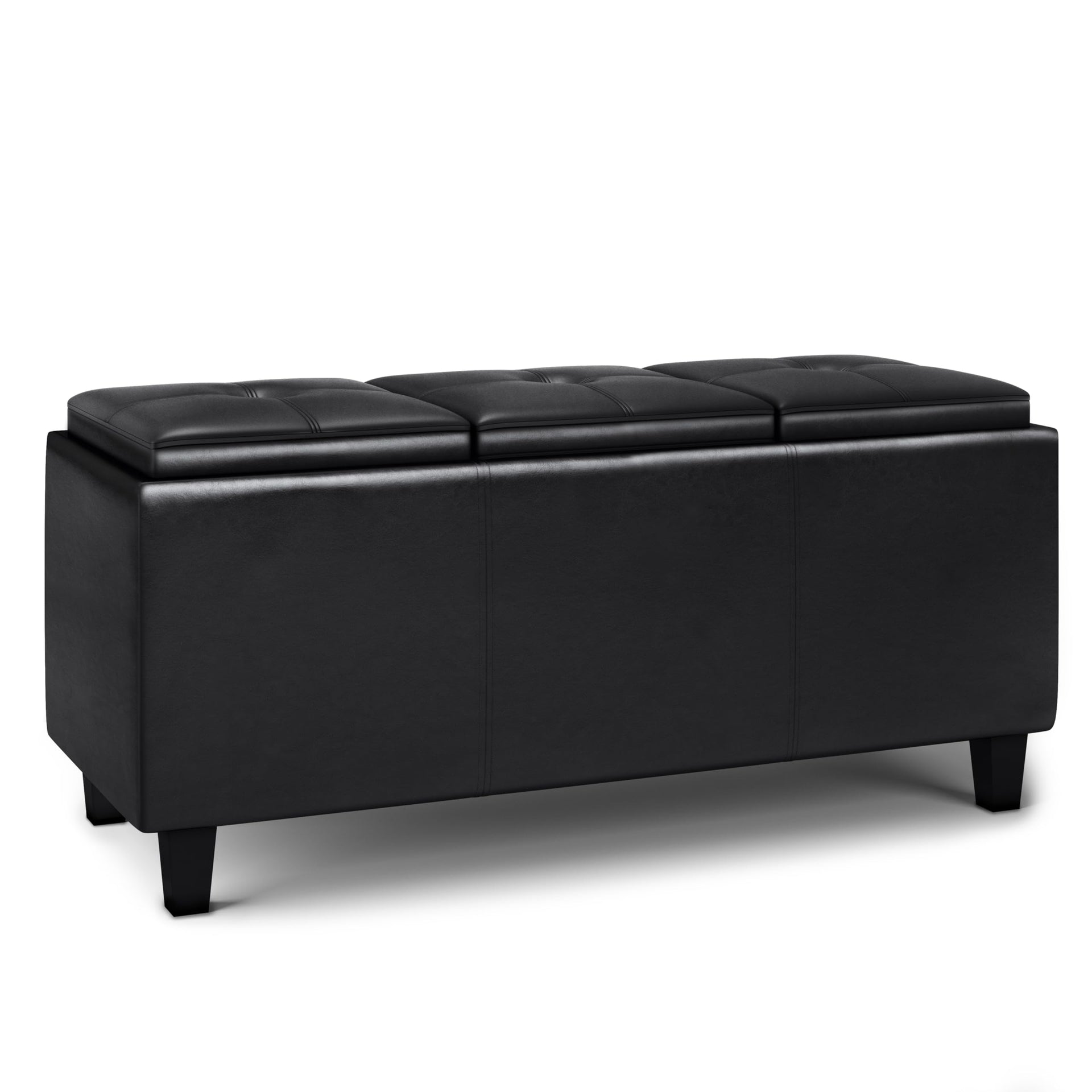 Avalon 42 inch Wide Contemporary Rectangle Tray Storage Ottoman with Lift Up Lids in Midnight Black Vegan Faux Leather