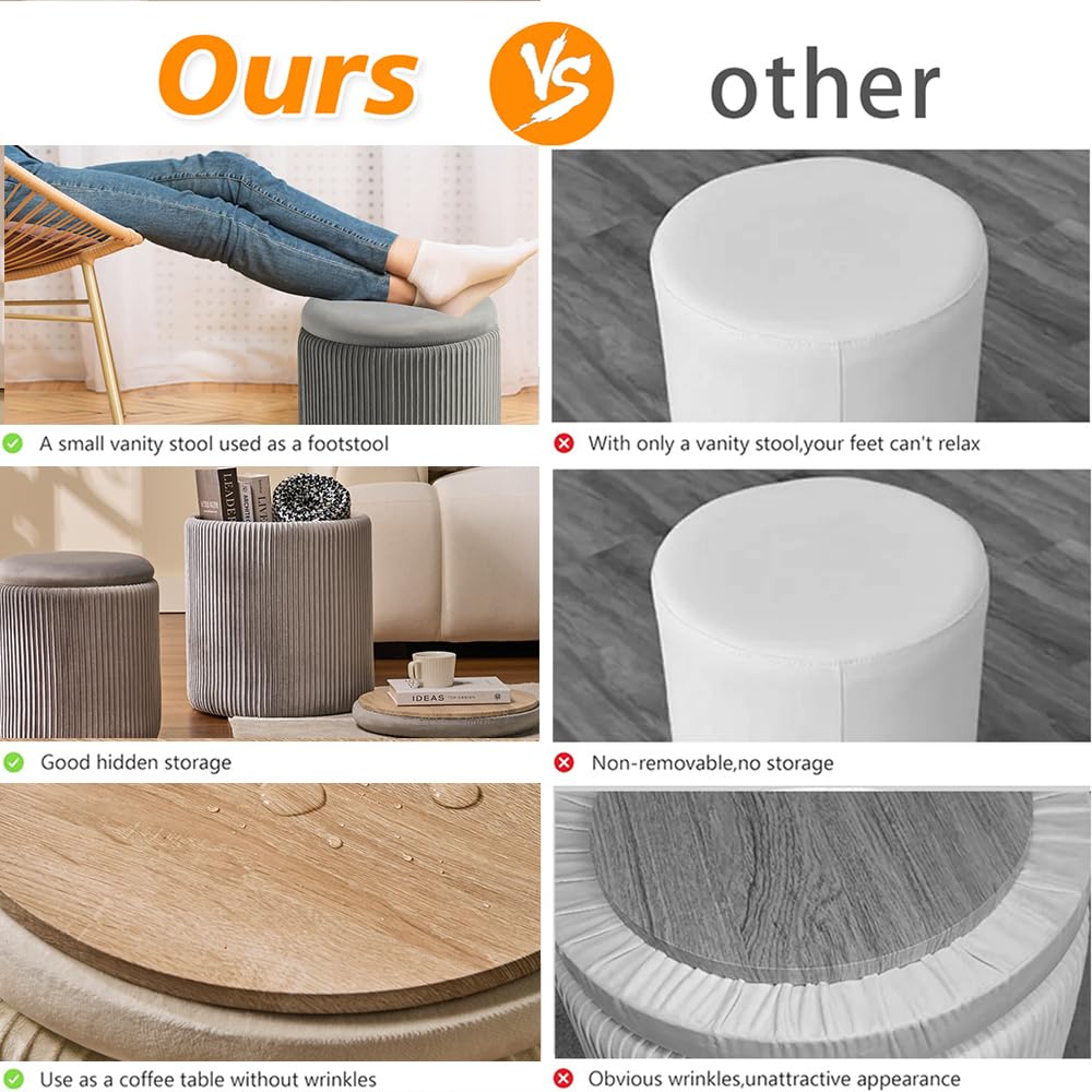 Set of 2 Round Storage Ottoman Light Grey Velvet Ottoman with Storage