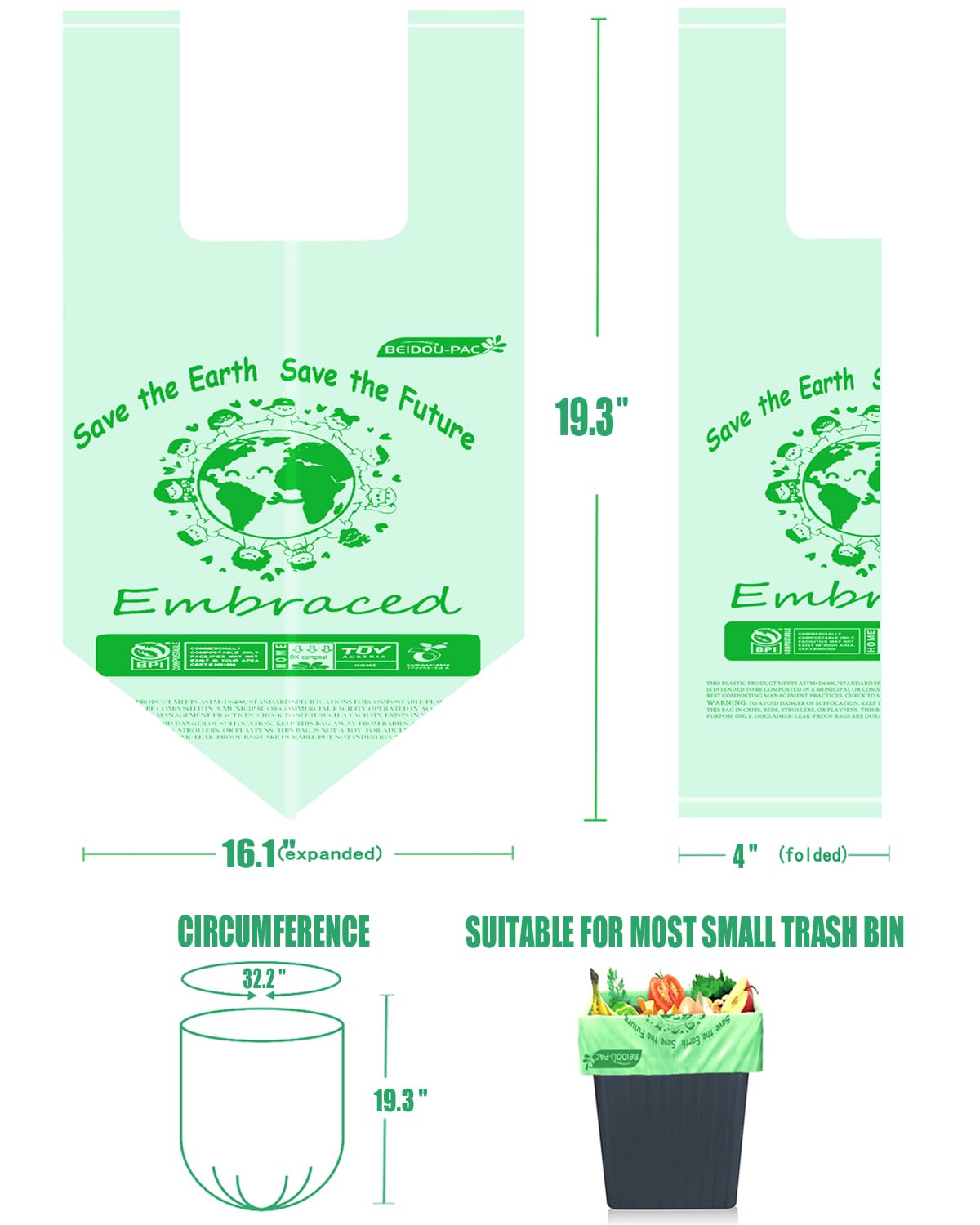 1.6 Gallon Compostable Trash Bags with Handle (250 Count)