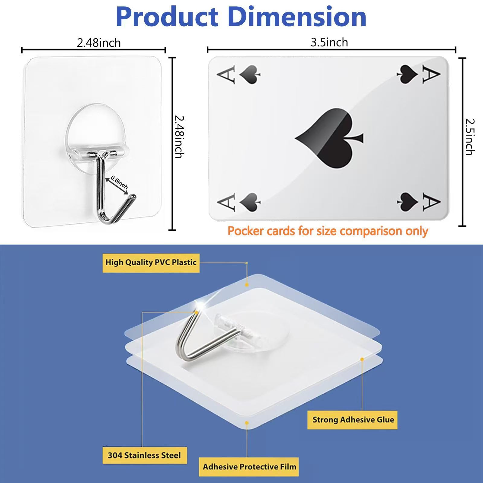 Adhesive Wall Hooks No Drill Clear Heavy Duty (12 Count)