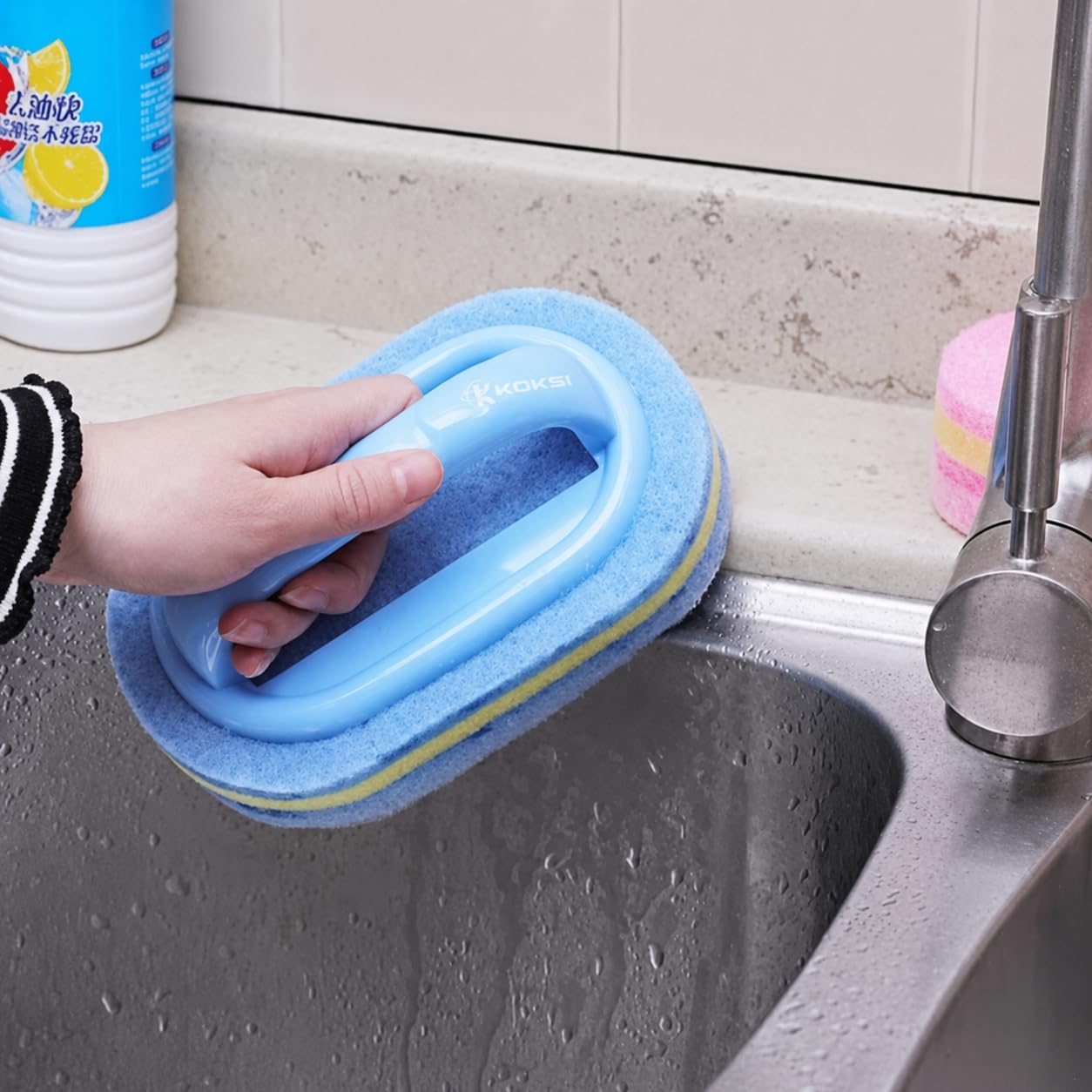 Cleaning Brush for Bathroom Kitchen Bathtub Toilet Cleaner All Purpose Shower Sponge Scrubbing Brush with Ergonomic Handle (4 Count)