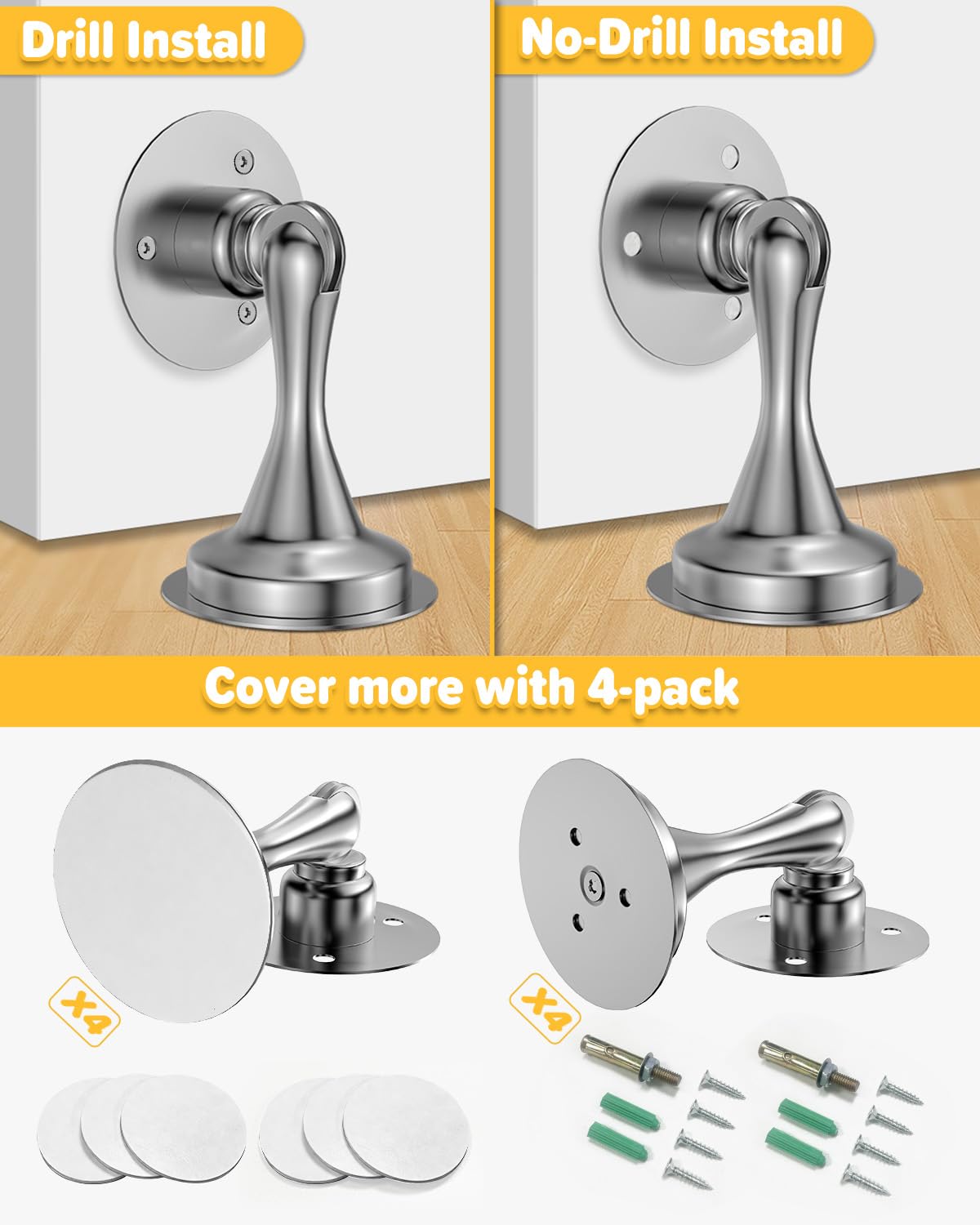 Door Stoppers for Bottom of Door Magnetic Door Catch Wall Mount 4 Pack (4 Count)