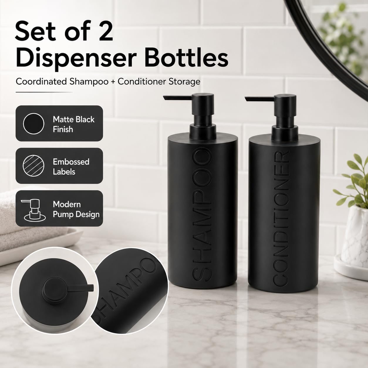2 Pack Matte Black Resin Refillable Shampoo & Conditioner Bottles