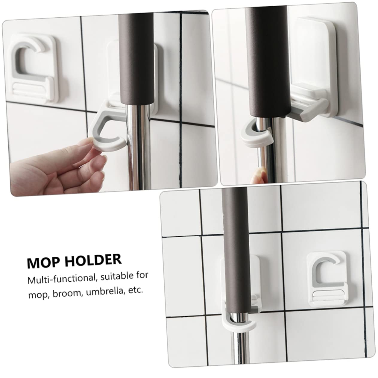 3pcs Punch Wall Mounted Mop Organizer Broom Hooks Space Saving Mop Holder for Home Kitchen Bathroom Adhesive Rack