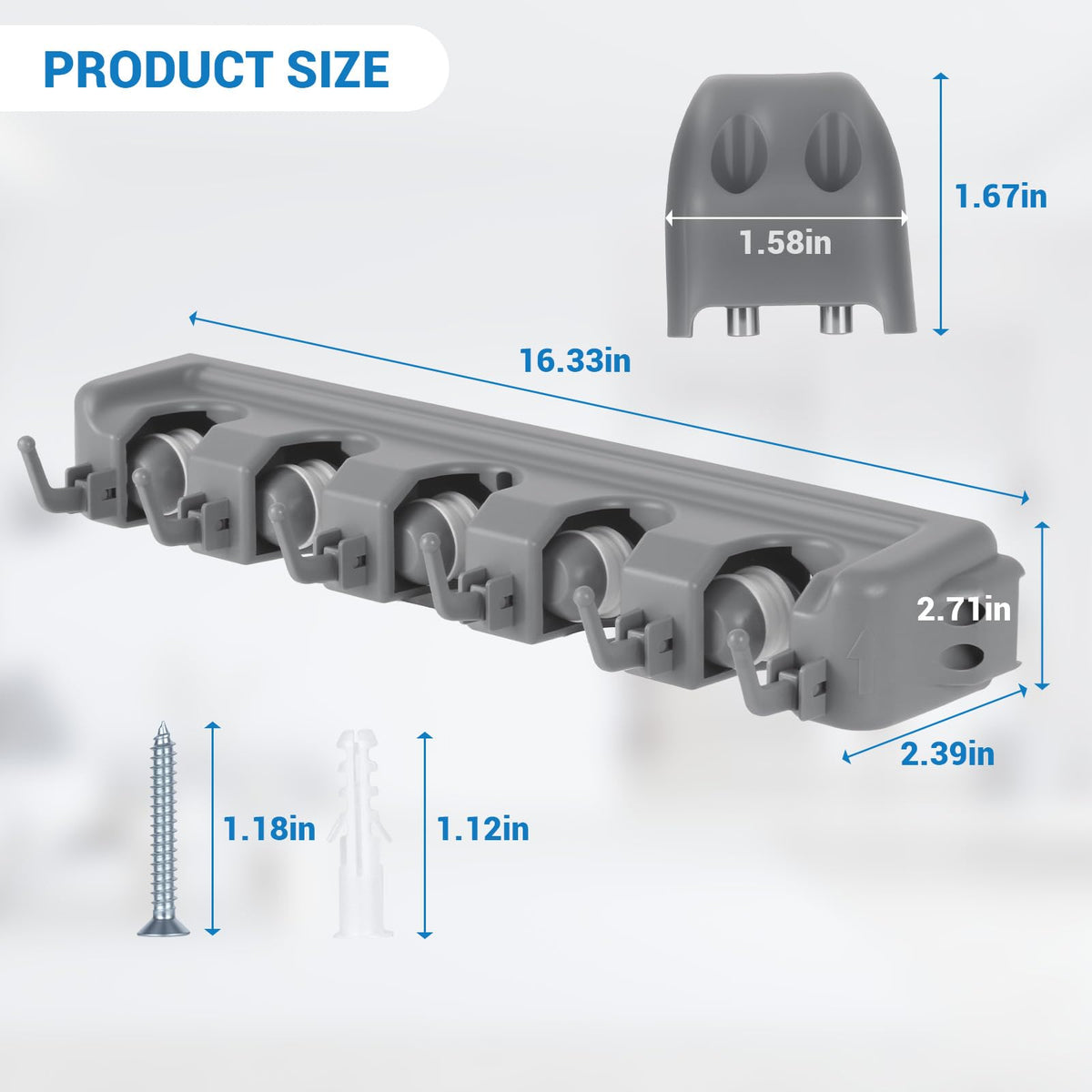 2 Pack 16 in Broom Mop Holder Garage Storage Organizer with 5 Racks 6 Hooks Adjustable Wall Mounted Storage Tool for Lanudry Garage Kitchen Garden (2 Count)