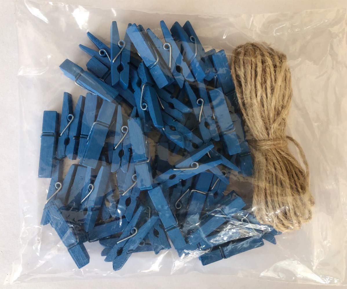 Wood Clothes Pins for Crafts Party Decor Small Clips Hold Card with Jute Twine Dark Blue Pack 50 (50 Count)