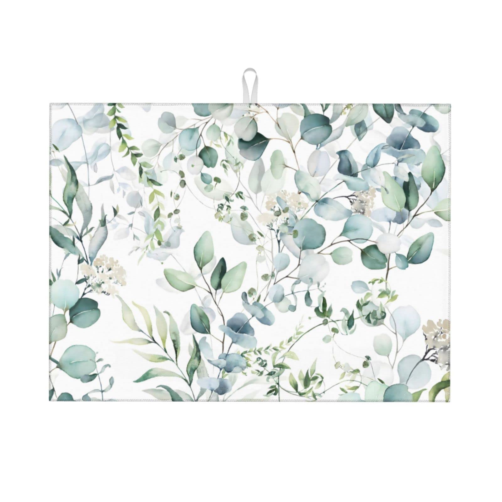 Green Floral Leaf Dish Drying Mat For Kitchen Counter 18 X 24 Inch Absorbent Reversible Drainer