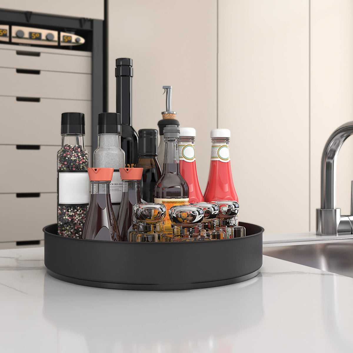 Lazy Susan Stainless Steel Black Spice Rack Turntable for Pantry Cabinet