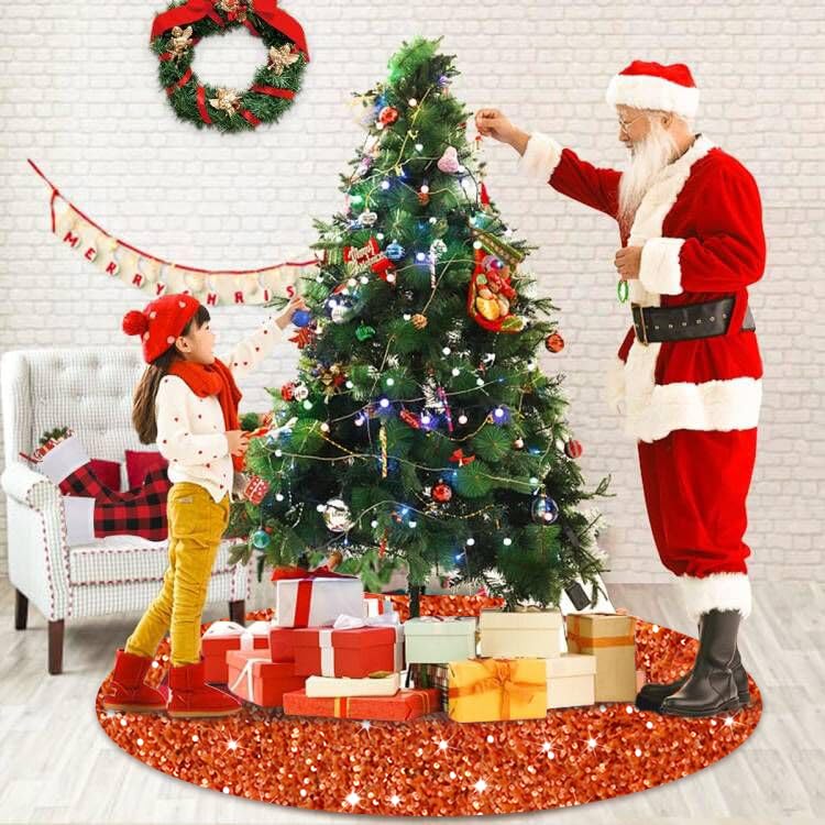 Glitter Christmas Tree Skirts 21 inch Orange Sequins Fall Tree Skirt Velvet Tree Mat for Pencil Tree Paillette Sparkly Tree Skirt Cover Thanksgiving Christmas Tree Carpet