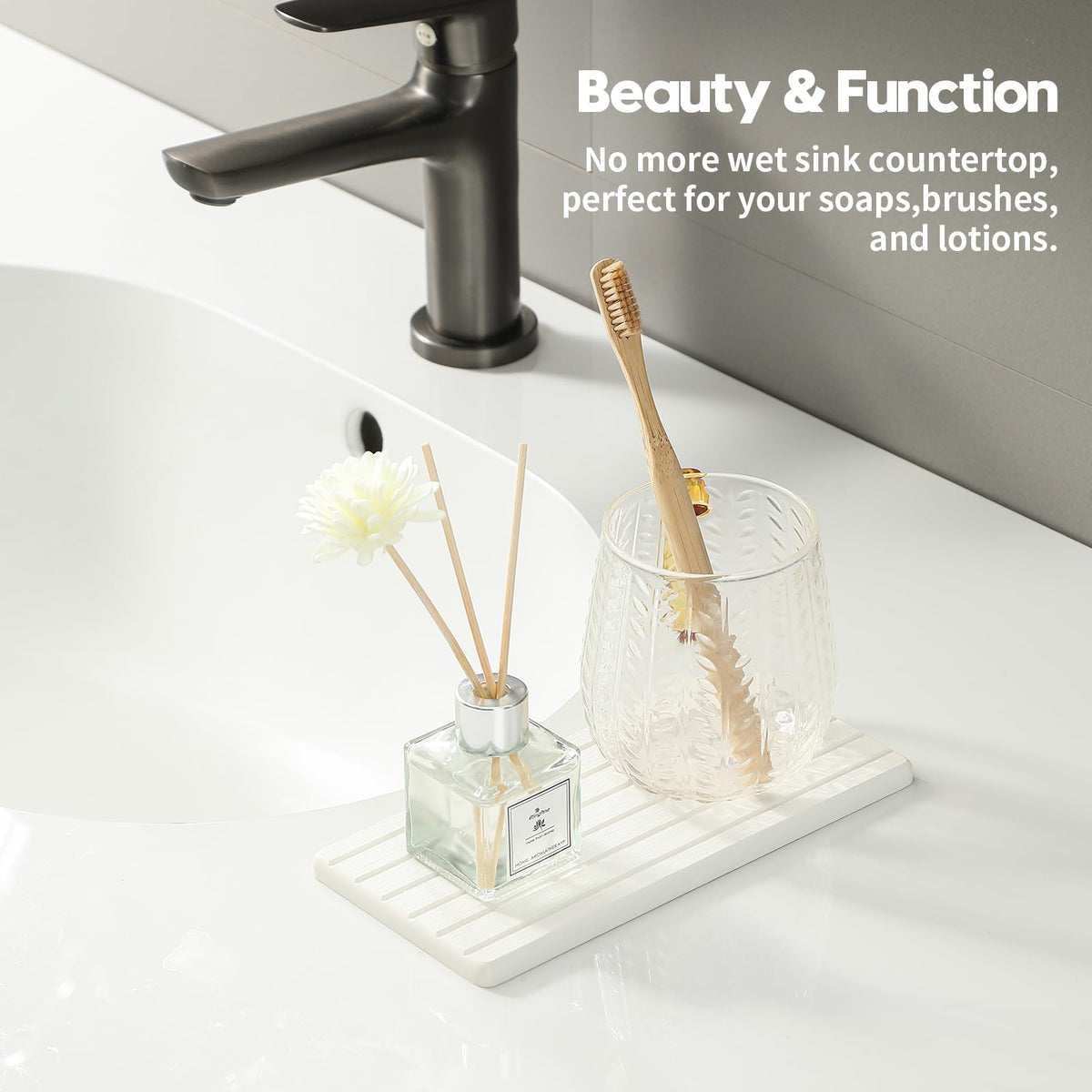 2PCS Water Absorbing Stone Drying Tray Mat for Bathroom Sink & Kitchen Counter Faucet Organizer (2 Count)
