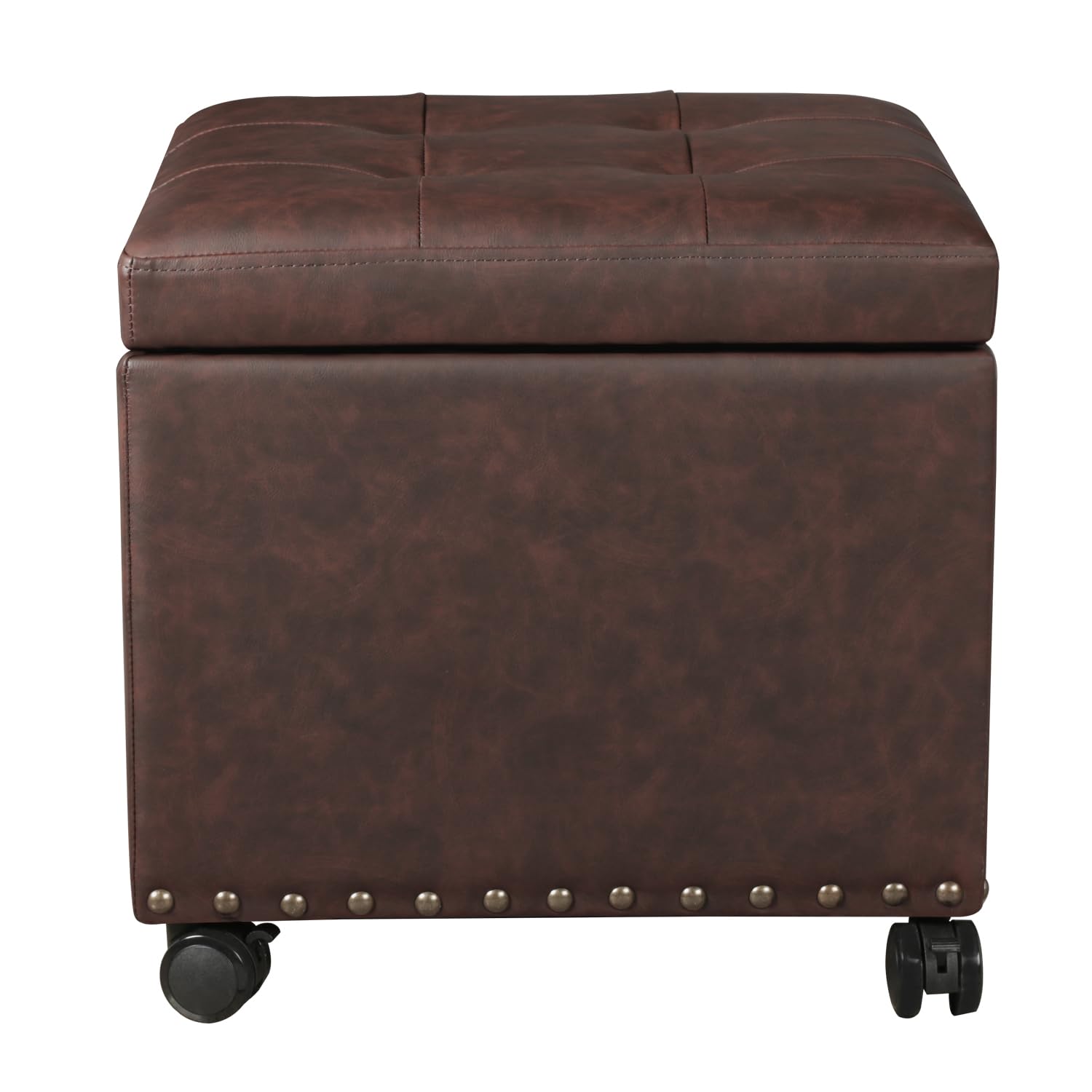 16.7" H Brown Leather Storage Ottoman with 360 Caster Wheels