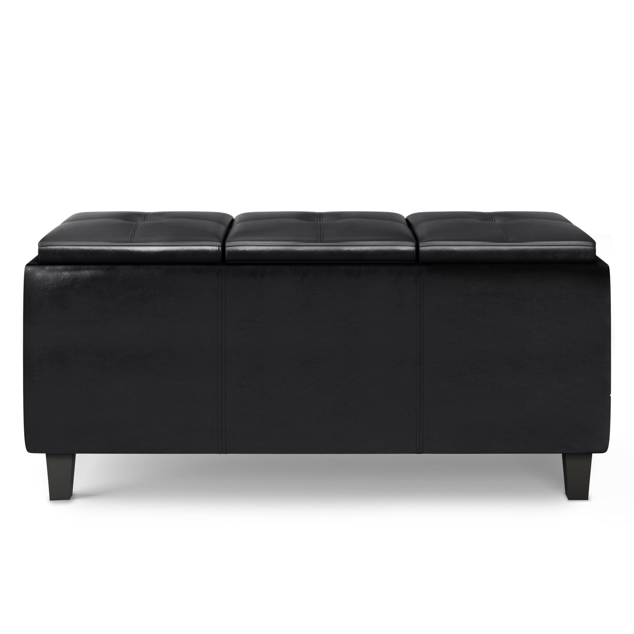 Avalon 42 inch Wide Contemporary Rectangle Tray Storage Ottoman with Lift Up Lids in Midnight Black Vegan Faux Leather