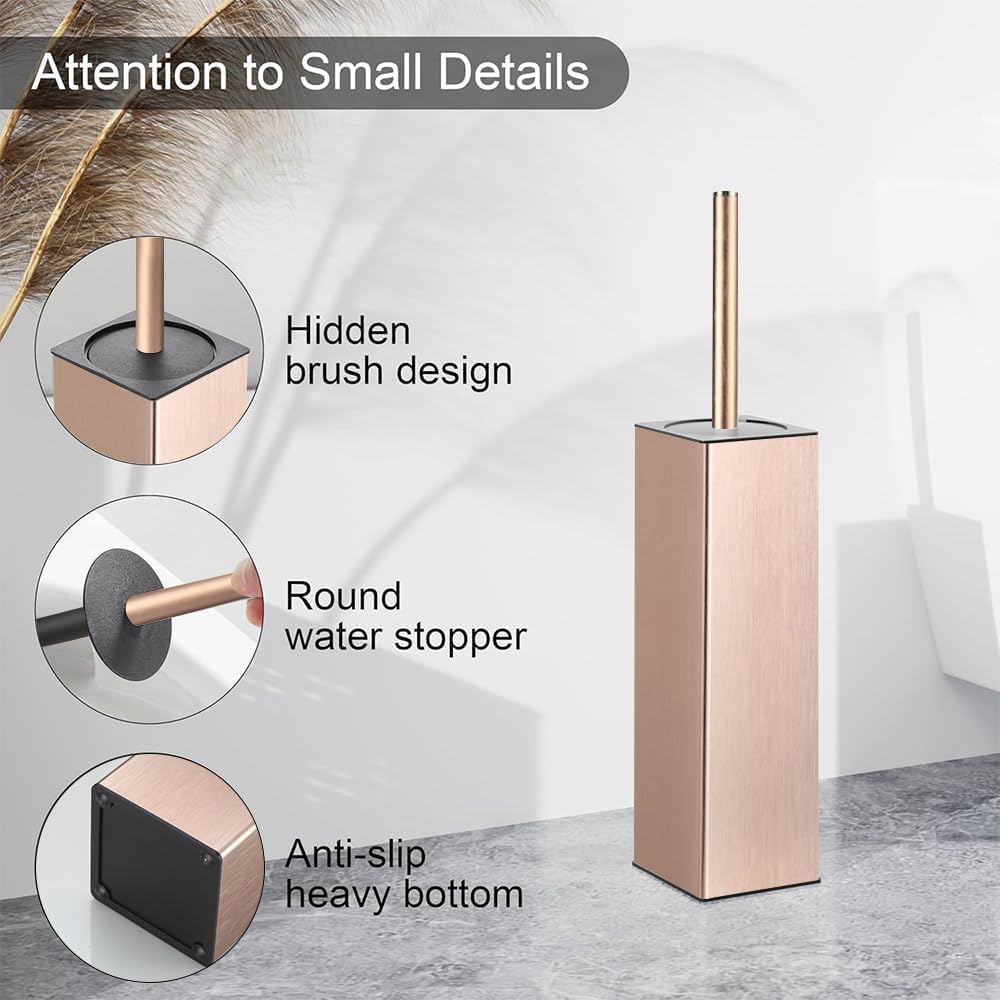 Standing Toilet Brush and Holder Rose Gold Aluminium Toilet Bowl Cleaner Brush and Holder for Bathroom Storage and Organization