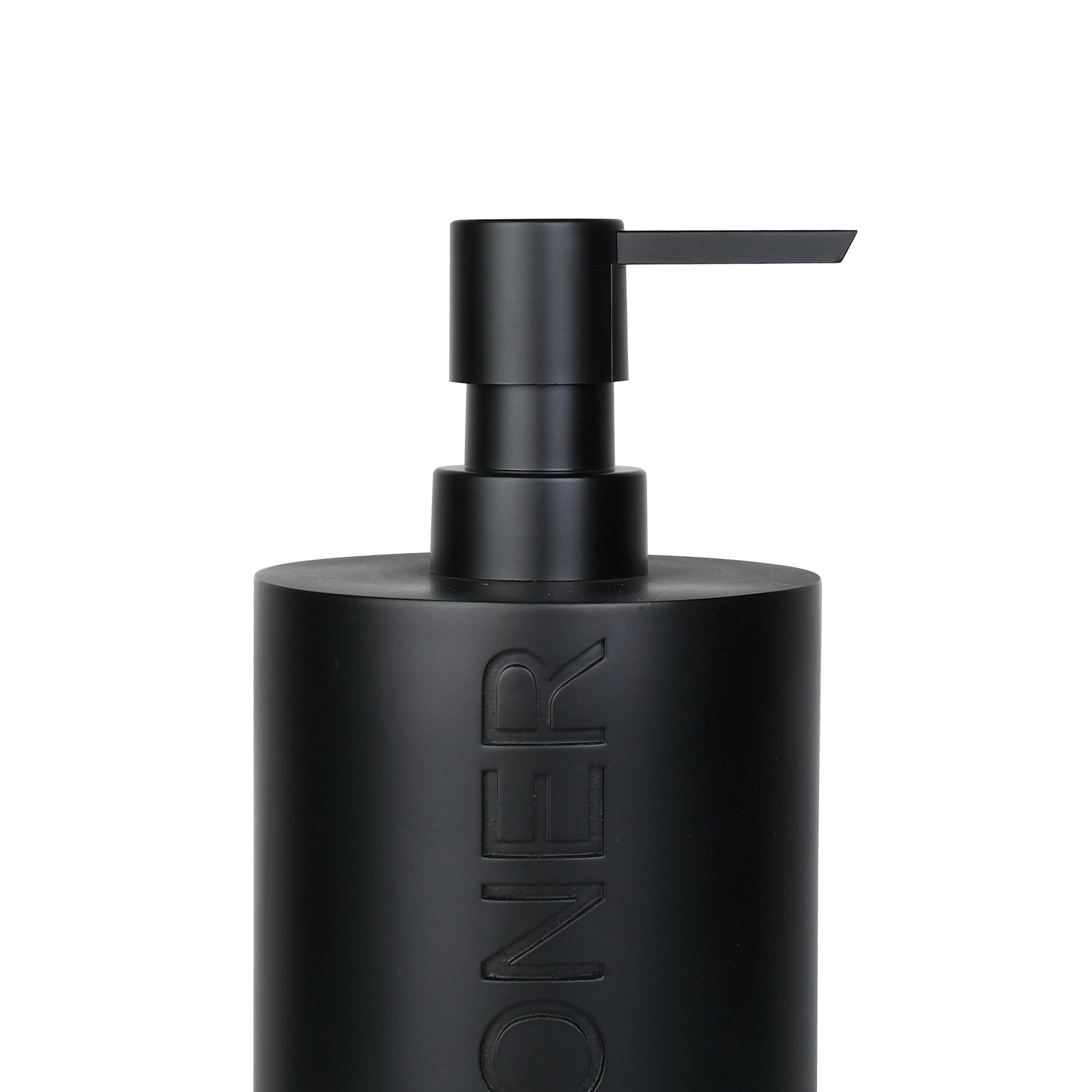 Matte Black Conditioner Dispenser Luxurious Refillable Pump Bottle with Black Resin Pump and Embossed Text