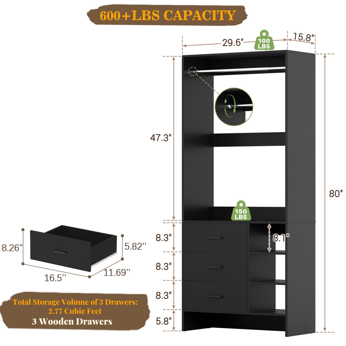 2.5FT Closet System with 3 Drawers