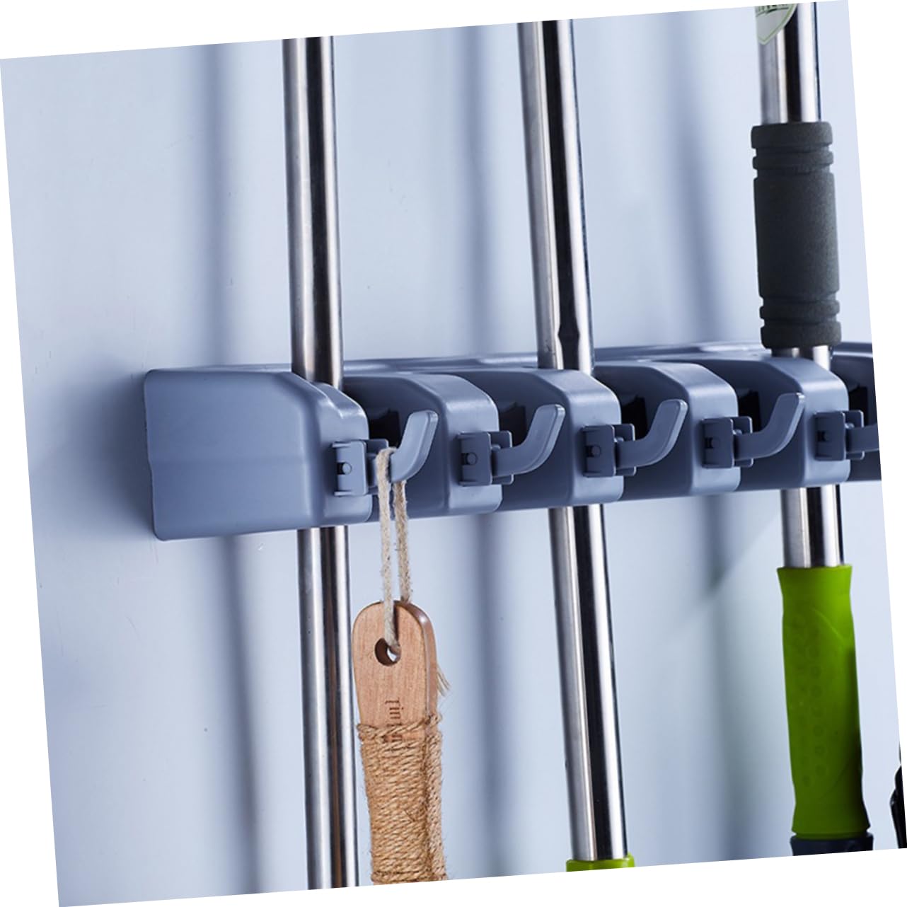 Multi Purpose Wall Mounted Mop Organizer with Grips and Hooks Storage Holder for Brooms Mops and Tools for Bathroom Kitchen and Garage Organization