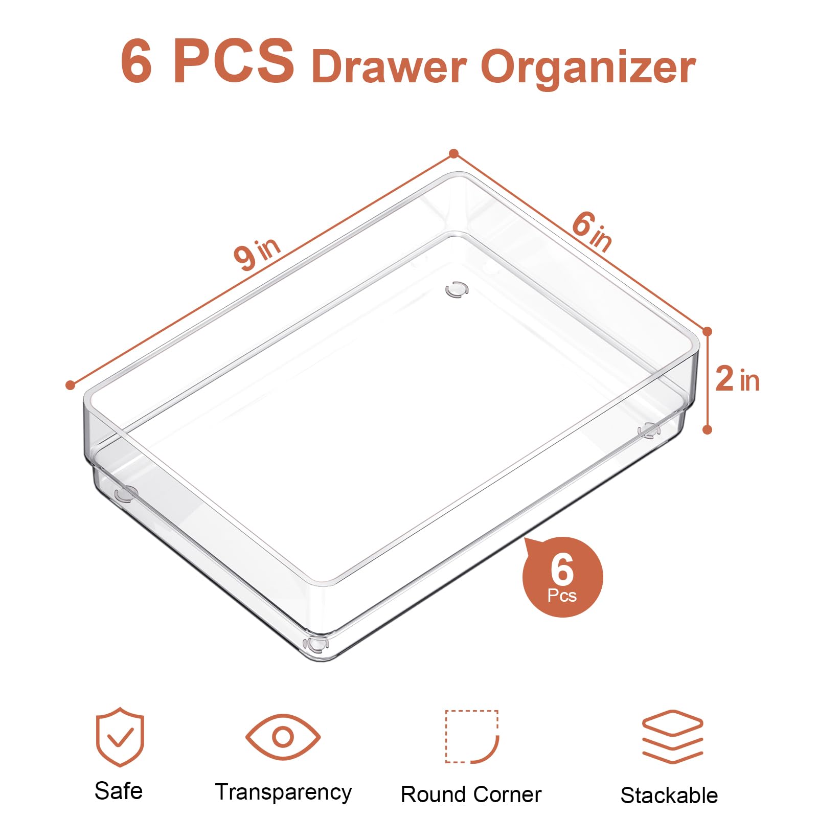 6 PCS Clear Plastic Kitchen Large Size Drawer Organizers Set (6 Count)