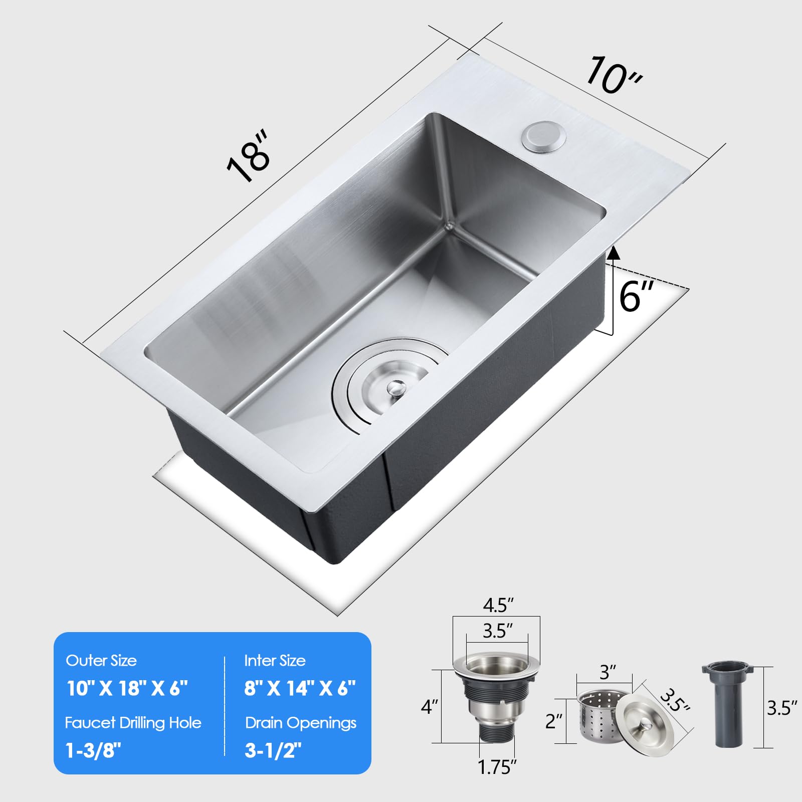 10x18 inch Bar Sink Drop in