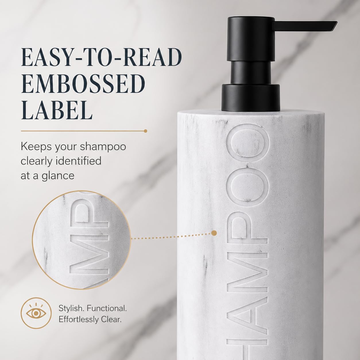 Resin White Marbled Shampoo Engraved Bottle Refillable Pump Dispenser
