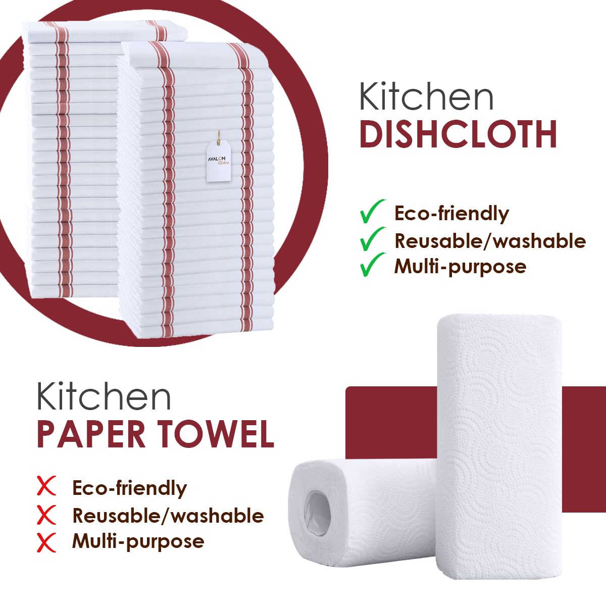 Dish Towels 150 Pack Red Stripe 100% Cotton Kitchen Towel 15x25 Inch Tea Towels (150 Count)